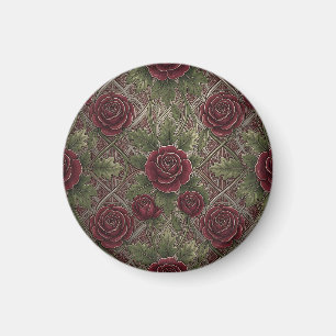 Aimant Roses Bourguignon Rouge Profond Treillis Orné Vert
