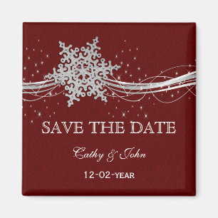 Aimant rouge Silver Snowflakes hiver enregistrer la date