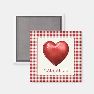 Aimant Rouge vintage et En vichy de crème avec coeur