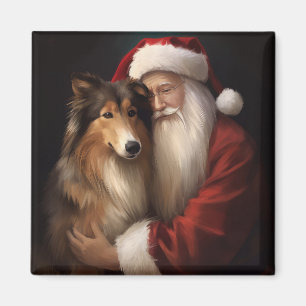 Aimant Rough Collie Avec Noël Festif Du Père Noël