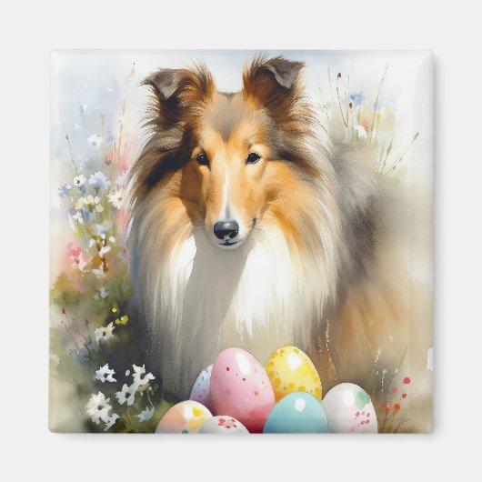 Aimant Rough Collie Chien avec Oeufs de Pâques Fête (Devant)