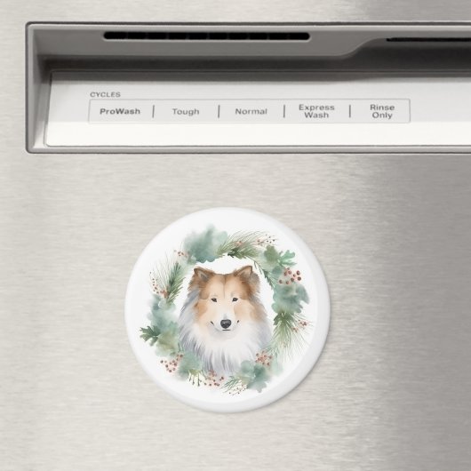 Aimant Rough Collie Christmas Wreath Festive Pup (In Situ (Lave-vaisselle))