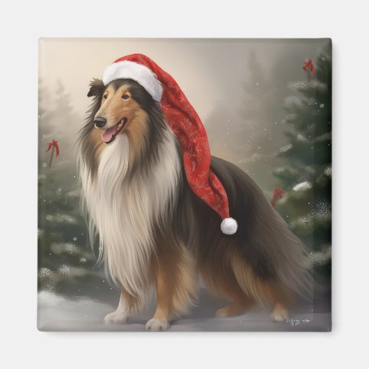 Aimant Rough Collie dans la neige de Noël (Devant)