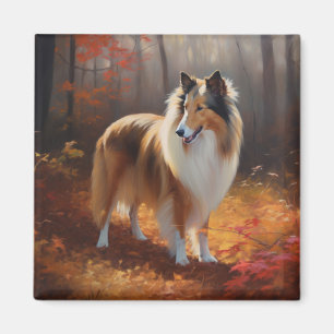 Aimant Rough Collie dans les feuilles d'automne qui tombe
