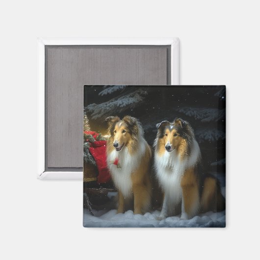 Aimant Rough Collie Snowy Sleigh Décor de Noël (Recto/Verso)