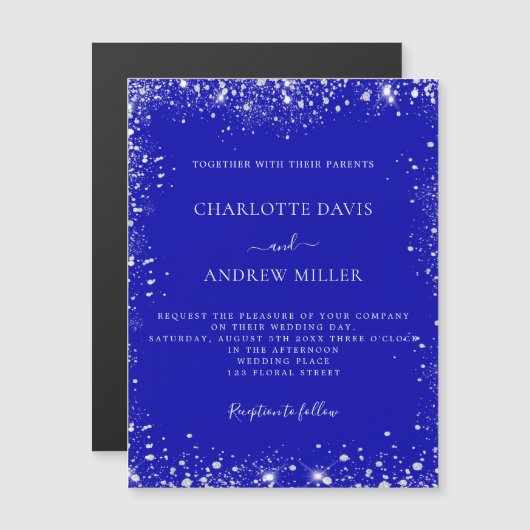 Aimant royal bleu argent faire-part de mariage (Devant / Derrière)