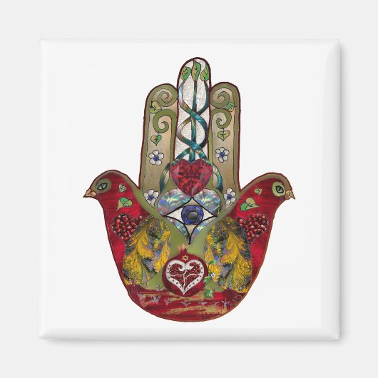 Aimant Ruby Pomegranate Heart Red Bird Hamsa (Devant)
