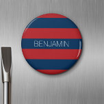 Aimant Rugby bleu marine et rouge avec nom personnalisé<br><div class="desc">Dark Blues et un rouge traditionnel — Un motif masculin pour les gars et les garçons de votre famille. Un design audacieux et moderne avec une zone pour le texte customisé. Si vous devez ajuster l'illustration ou modifier la police, vous pouvez cliquer sur la zone personnaliser. Cela vous mènera à...</div>