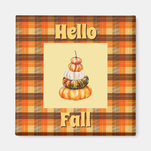 Aimant Rustique Hello Fall Plaid avec Citrouille orange (Devant)