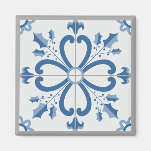 Aimant Sacré de Noël et pétales de fleurs carreaux bleus