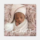 Aimant Saint-Baptême Moderne Élégant Coeur Chic Photo béb (Devant)