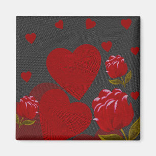 Aimant Saint Valentin, coeur rouge, rose rouge sur gris