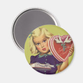 Aimant Saint-Valentin Mignon Vintage, Fille avec Chocolat (Recto/Verso)