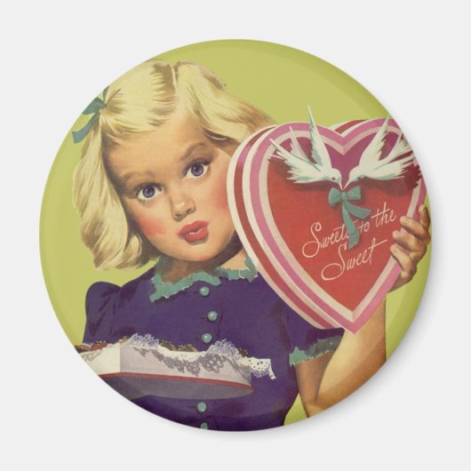 Aimant Saint-Valentin Mignon Vintage, Fille avec Chocolat (Devant)