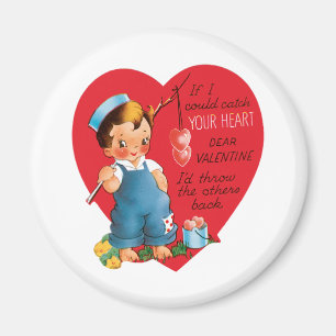 Aimant Saint-Valentin Rétro, Garçon Vintage pêchant des c