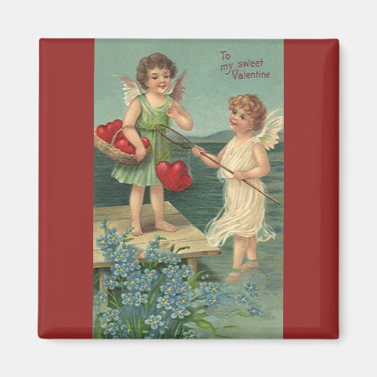 Aimant Saint-Valentin vintage, Angels Pêcher les coeurs (Devant)