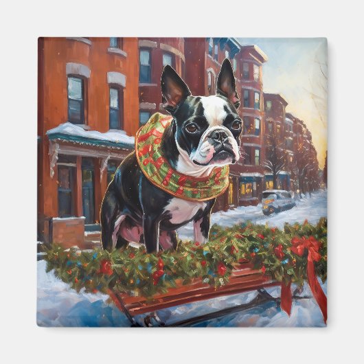 Aimant Saison de Noël de Boston Terrier (Devant)