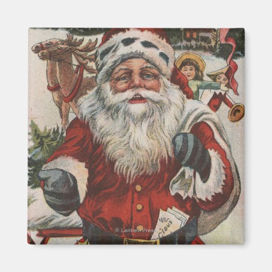 Aimant Salutation de NoëlPère Noël avec Cerfs et Enfants (Devant)