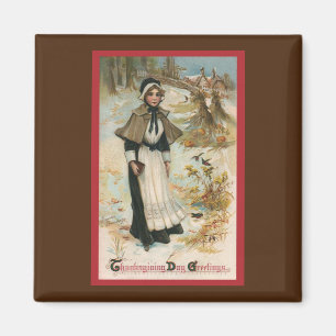 Aimant Salutations de Thanksgiving avec une femme pèlerin