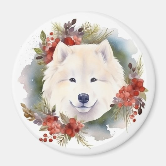 Aimant Samoyed Christmas Wreath Festive Pup (Devant)