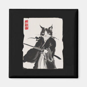 Aimant Samurai Cat Warrior Ink Art Drôle Style Japonais