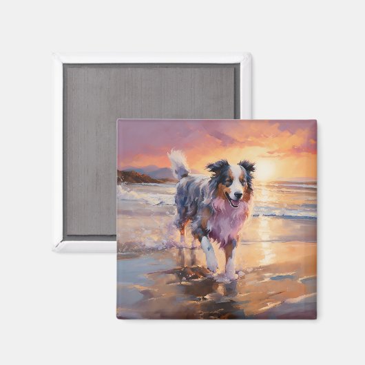 Aimant Sandy Australian Shepherd Dog on Beach Sunset (Recto/Verso)