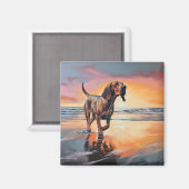 Aimant Sandy Paws Bloodhound Dog on Beach Sunset (Recto/Verso)