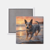 Aimant Sandy Paws chien de bétail australien sur la plage (Recto/Verso)