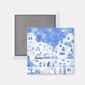 Aimant Santorin Grèce Aquarelle Art bleu et blanc (Recto/Verso)