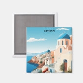 Aimant Santorin Rétro Grèce Méditerranée Bleu & Blanc  (Recto/Verso)