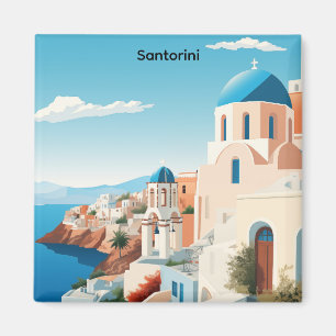 Aimant Santorin Rétro Grèce Méditerranée Bleu & Blanc 