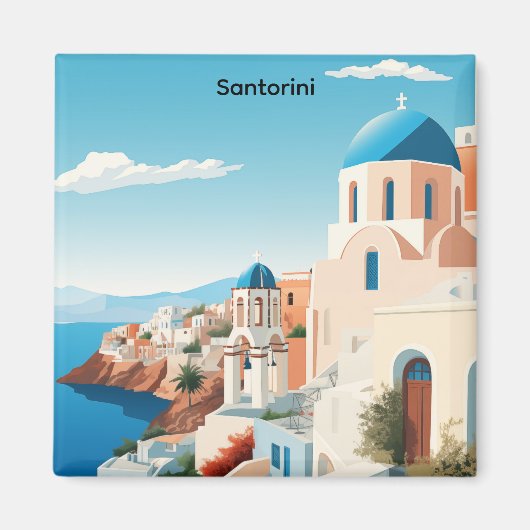 Aimant Santorin Rétro Grèce Méditerranée Bleu & Blanc  (Devant)