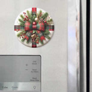 Aimant Sapin de Noël festif et nœud en tartan rouge
