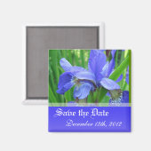 Aimant Sauvez la date, fleurs d'iris bleu printemps. (Recto/Verso)