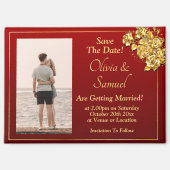 Aimant Save The Date Photo, Gold Flowers on Maroon Fridge (Recto)