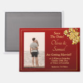 Aimant Save The Date Photo, Gold Flowers on Maroon Fridge (Recto/Verso)