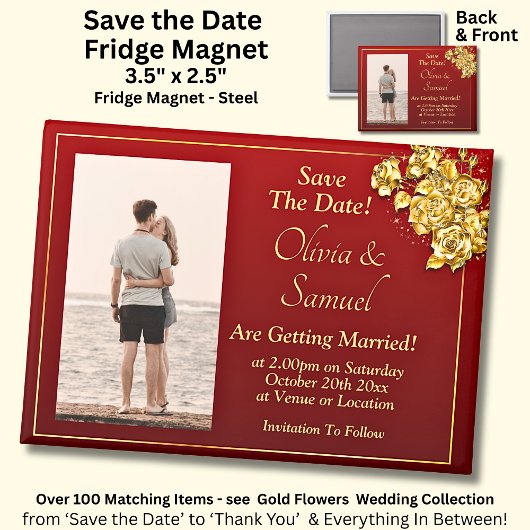 Aimant Save The Date Photo, Gold Flowers on Maroon Fridge