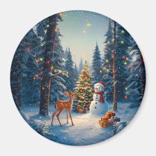 Aimant Scene d'arbre de Noël Cute Deer Fawn Snowman
