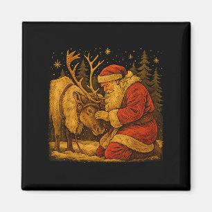 Aimant Scène de forêt de Noël vintage Santa rustique renn