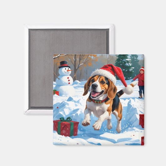 Aimant Scène de neige festive de Noël avec Beagle (Recto/Verso)