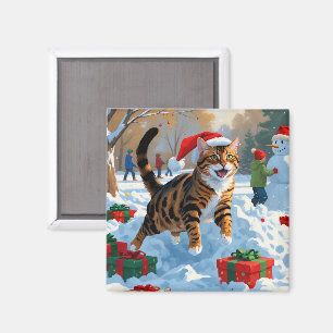 Aimant Scène de neige festive de Noël avec chat Bengal