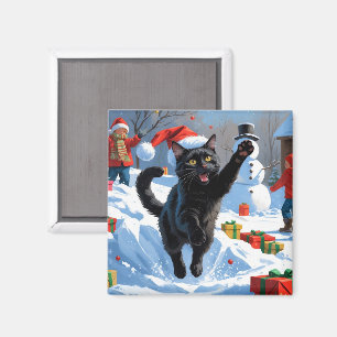 Aimant Scène de neige festive de Noël Black Cat