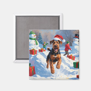Aimant Scène de neige festive de Noël d'Airedale