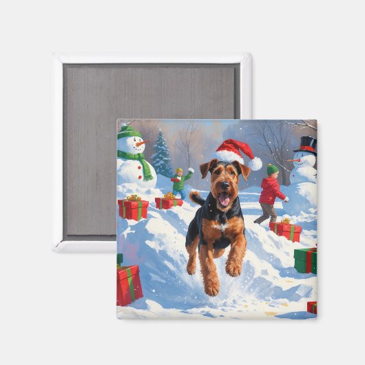 Aimant Scène de neige festive de Noël d'Airedale (Recto/Verso)