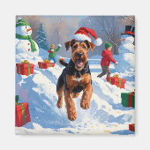 Aimant Scène de neige festive de Noël d'Airedale (Devant)