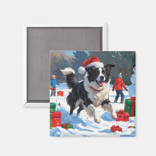 Aimant Scène de Noël festive Border Collie dans la neige