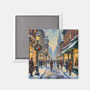 Aimant Scène de rue de ville enneigée de Noël vintage