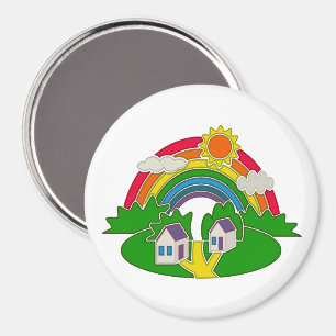 Aimant Scène rurale de dessin animé avec arc-en-ciel et m