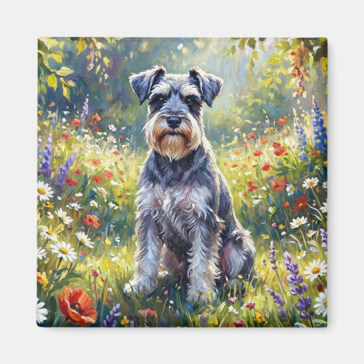 Aimant Schnauzer dans une prairie de fleurs sauvages (Devant)