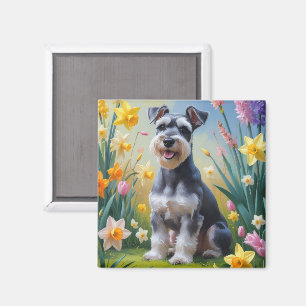 Aimant Schnauzer Dog Fleurs de printemps Peinture
